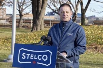 Mike McQuade delivers remarks on Stelco's re-establishment.
